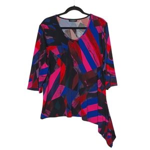 GRACE Pink Blue Red Geometric Asymmetrical Hem 3/4 Sleeve Stretchy Top 2X